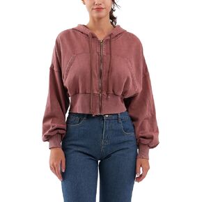 Xintianji Retro Vintage Crop Hoodie للنساء - الأكمام الطويلة خفيفة الأكمام Zip Up Pullover Sweatshirts مع جيوب