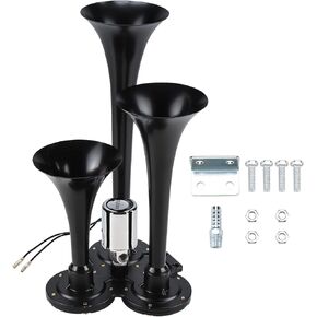 NovelBee Three Trumpets Air Operated Horn,12V/24V Train Air Horn,Air Horn 3 Trumpets Black for Truck Car SUV RV (Black)