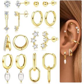 أقراط صغيرة من الذهب الذهب مجموعة للنساء - 14K الذهب مطلي بالذهب Hypoallergenic Huggie Hoop Studs Courning Courning for Aments Airs - مجموعات حرك الغضروف لثقب 8 أزواج