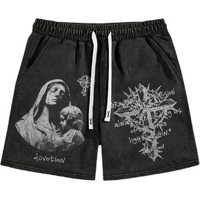 SHENHE Men's Graphic Cross Print Drawstring Shorts Elastic Waist Gothic Track Shorts