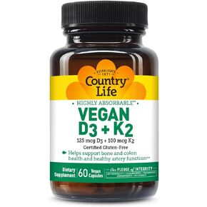 Country Life Vegan D3 + K2 – 5000 IU Vitamin D3 & 100 mcg MK-4 & MK-7 | Supports Bone, Immune, Colon & Artery Health | Certified Vegan, Gluten-Free, B-Corp, 60 Capsules