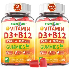 Vegan Vitamin D3 5000 IU + Vitamin B12 1000 mcg Gummies, (Made in USA) High Absorption Vitamin D3 and B12 for Adults - Immune Support, Energy, Bone Health, Cognitive, Sugar-Free, 120 Gummies