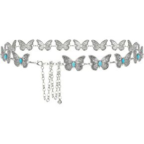 Plus Size Chain Belt for Women, Turquoise Stone Metal Chain Belt Women Belly Waist Chains, Extra Long Body Chain, 59 Inch Adjustable Chunky Belt Chain (Butterfly Style)