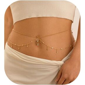 Summer Crystal Tassel Navel Nail Waist Chain for Women Bikini Beach Rhinestone Piercing Navel Chain Sexy Belly Button Ring Piercing Waist Body Jewelry in Saudi Arabia