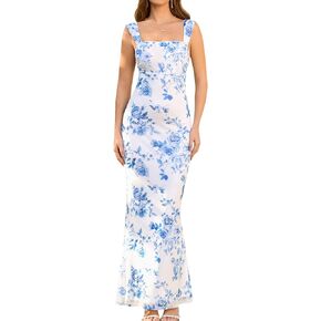 EYNMIN Women's Summer Floral Maxi Dress Square Neck Sleeveless Mesh Bodycon Long Wedding Guest Dresses
