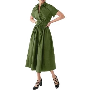 Ladyful Women Casual Button Down Short Sleeve Shirt Dress Tie Waist Midi Shirt Dress Elegant Business Party
