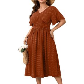 RWJ Women's Plus Size Maxi Dress V Neck Short Sleeve Swiss Dot A Line High Waist Boho Swing Casual Summer Dresses 2025