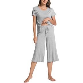 Women's Pajama Sets Short Sleeve Top and Capri Pant Solid Color Sleepwear, Viscose from Bamboo