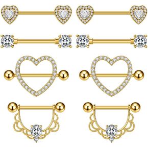 Kokoma 4 Pairs Nipple Rings for Women Shiny Rhinestone Love Heart Nipple Shield Barbell Ring 14G CZ Nipple Rings Tongue Ring Piercing Sexy Nipplerings Piercing Body Jewelry