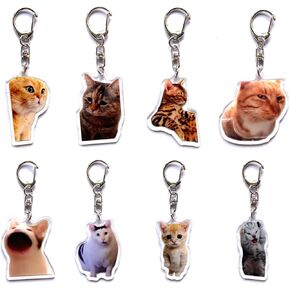 Kawaii Cat Acrylic Keychain Set - 8pcs Charming Anime Cartoon Cat Themed Charm Keychains, Round Shaped Funny Meme Keyrings, Decorative Car Key Chains, Ideal for Key Decoration