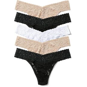 hanky panky - Signature Lace Original Rise Thongs for Women (5 pack) | One Size fits 4-14 | Black, Black, Chai, Chai, White | No VPL, Soft Nylon Stretchy Lace, Sexy Underwear for women