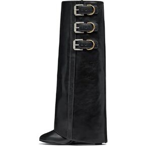 Women's Fold Over Boots Wide Buckle Covered Wedge Heel Knee High Boot Almond Toe Wide Calf Pull-on Fashion Calf Boots Party Date Shoes for Women