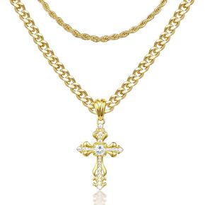 KissYan Layered Cross Necklace for Women, 14K Gold Plated Cubic Zirconia Pendant Necklaces Cross Faith Necklaces, Gold Cross Choker Trendy Jewelry Gifts for Women