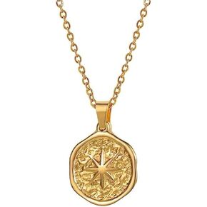 18K 18 Karat Yellow Gold Plated North Star Compass Charm Necklace - Beachy Boho Coin Jewelry Gift for Women - Graduation Gift- Nickel Free, Hypoallergenic, Waterproof