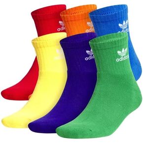 adidas Trefoil Quarter Socks (6-Pair), Blue,Green,Orange,Purple,Yellow,Red