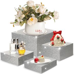 4 Pieces Glitter Buffet Acrylic Risers Display Black Cube Square Boxes 8" 7" 6" 5.5" Food Buffet Table Silver Display Stand Shelf Nesting Base for Catering Dessert