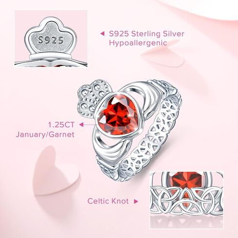 Claddagh Heart Birthstone Rings for Women 925 Sterling Silver Promise Rings for Her Celtic Knot Statement Engagement Wedding Ring Band Irish Jewelry Birthday Gifts Fit Size 5-9 in Saudi Arabia