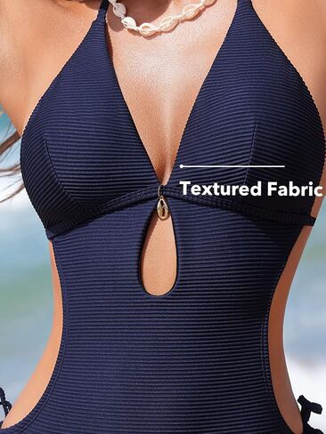CUPSHE Women's One Piece Swimsuit Bathing Suit Halter Cutout Pluning Neck Backless Self Tie Textured in Kuwait