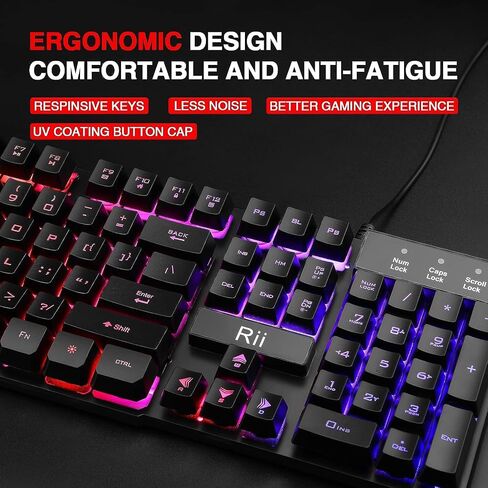 Rii RK100+ Multiple Color Rainbow LED Backlit Large Size USB Wired Mechanical Feeling Multimedia PC Gaming Keyboard,Office Keyboard for Working or Primer Gaming,Office Device in Saudi Arabia