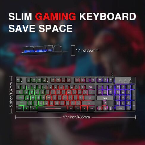 Rii RK100+ Multiple Color Rainbow LED Backlit Large Size USB Wired Mechanical Feeling Multimedia PC Gaming Keyboard,Office Keyboard for Working or Primer Gaming,Office Device in Saudi Arabia