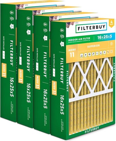 مرشح هواء Filterbuy 16x25x5 MERV 11 دفاع عن الحساسية (4 عبوات)، استبدال مرشحات هواء فرن HVAC AC المطوية لـ Honeywell FC100A1029، Lennox X6670، Carrier P102-1625، Air Control، Bryant، Day & Night، و Payne (الحجم الفعلي: 15.75 × 24.75 × 4.38) in Kuwait