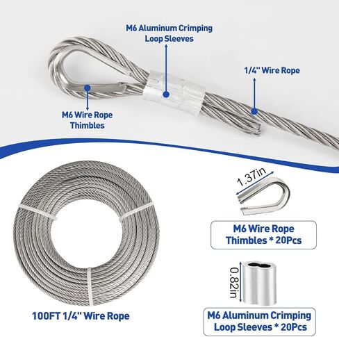 TooTaci 1/4" Stainless Steel Cable,5M Steel Wire Rope 7x19 Strands Core,Zipline Cable Kit Heavy Duty,1/4 Steel Cable with Rope Clamp,Steel Thimbles,for Outdoor Pulley Cable,Yards Zip line Cable in Kuwait