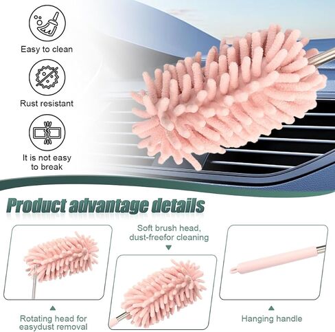 2PCS Car Interior Duster, Soft Chenille Detailing Brush with Extension Pole, Washable Long Handle Cleaning Duster Tool for Auto Dash Vent Window, Universal Home Car Cleaning Supplies (Pink) in Saudi Arabia