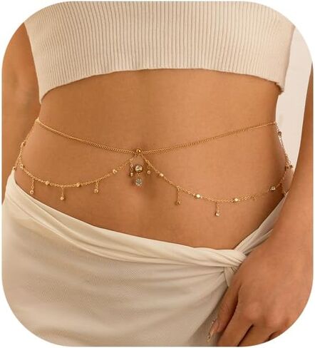 Summer Crystal Tassel Navel Nail Waist Chain for Women Bikini Beach Rhinestone Piercing Navel Chain Sexy Belly Button Ring Piercing Waist Body Jewelry in Saudi Arabia