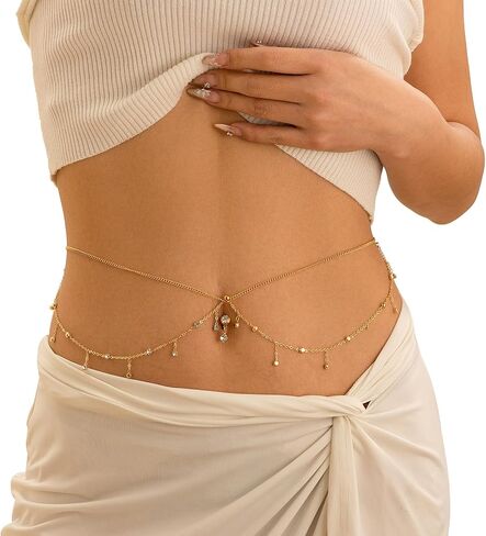 Summer Crystal Tassel Navel Nail Waist Chain for Women Bikini Beach Rhinestone Piercing Navel Chain Sexy Belly Button Ring Piercing Waist Body Jewelry in Saudi Arabia