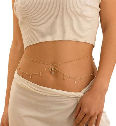 Summer Crystal Tassel Navel Nail Waist Chain for Women Bikini Beach Rhinestone Piercing Navel Chain Sexy Belly Button Ring Piercing Waist Body Jewelry in Saudi Arabia