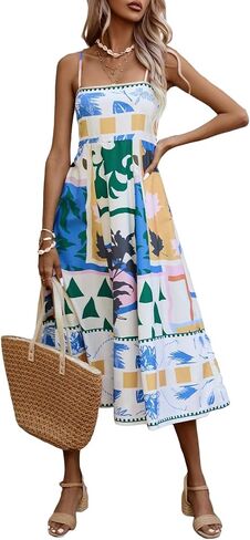 Women Summer Dress Print Spaghetti Strap Backless Midi Dress Casual Fashion Sleeveless Cami Dress in Kuwait