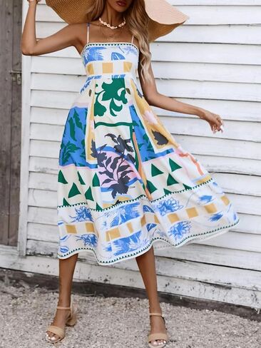 Women Summer Dress Print Spaghetti Strap Backless Midi Dress Casual Fashion Sleeveless Cami Dress in Kuwait