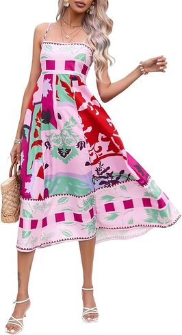 Women Summer Dress Print Spaghetti Strap Backless Midi Dress Casual Fashion Sleeveless Cami Dress in Kuwait