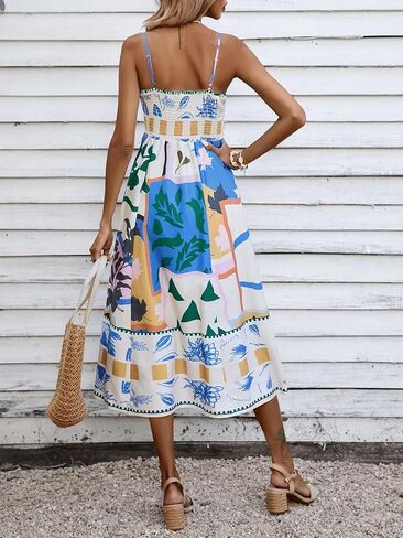 Women Summer Dress Print Spaghetti Strap Backless Midi Dress Casual Fashion Sleeveless Cami Dress in Kuwait