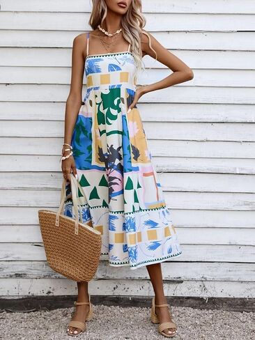 Women Summer Dress Print Spaghetti Strap Backless Midi Dress Casual Fashion Sleeveless Cami Dress in Kuwait