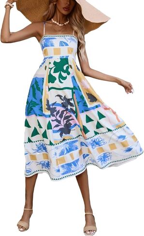 Women Summer Dress Print Spaghetti Strap Backless Midi Dress Casual Fashion Sleeveless Cami Dress in Kuwait