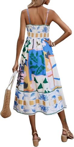 Women Summer Dress Print Spaghetti Strap Backless Midi Dress Casual Fashion Sleeveless Cami Dress in Kuwait