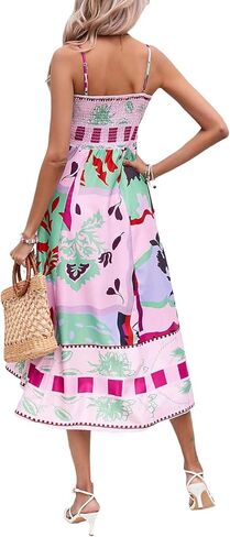 Women Summer Dress Print Spaghetti Strap Backless Midi Dress Casual Fashion Sleeveless Cami Dress in Kuwait