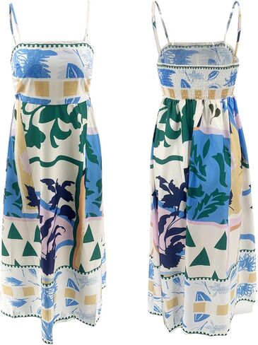 Women Summer Dress Print Spaghetti Strap Backless Midi Dress Casual Fashion Sleeveless Cami Dress in Kuwait
