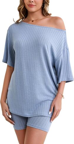 Womens Pajama Set 2 Piece Off Shoulder Summer Outfits Ribbed Knit Biker Short Sets in Saudi Arabia