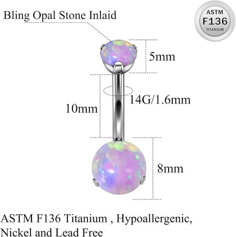 Ruifan ASTM F136 Titanium Belly Button Rings 14G Opal Round Belly Navel Rings 10mm Bar Body Piercing Jewelry Navel Ring With 1PCS Curved Piercing Taper in Saudi Arabia