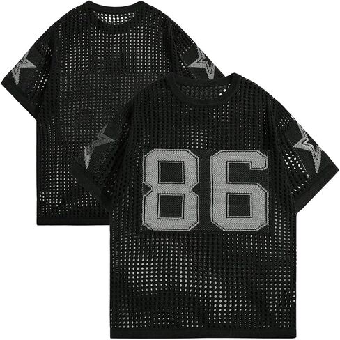 Verdusa Men's Jersey Shirt Y2k Tops Crochet Short Sleeve Letter Print Vintage Lightweight Pullover Sweater in Saudi Arabia