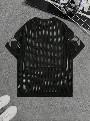 Verdusa Men's Jersey Shirt Y2k Tops Crochet Short Sleeve Letter Print Vintage Lightweight Pullover Sweater in Saudi Arabia