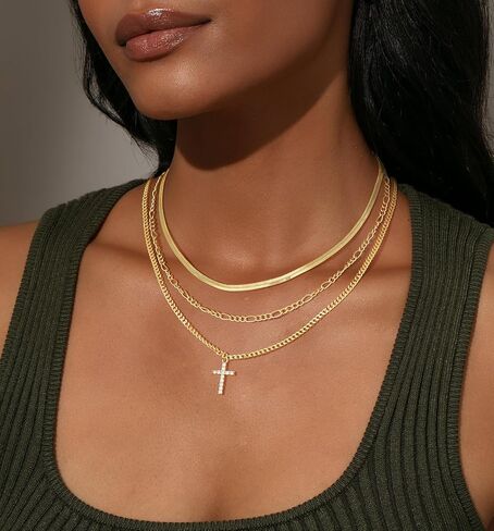 قلادة متقاطعة ذات طبقات للنساء ، الذهب الذهب الذهب 14 كيلو بايت/الجنيه الاسترليني مطلي بالزركونيا الزركوني المكعب الصليب الصليب البسيط سلسلة فيجارو كوبية بسيطة قلادة الأفعى هدية المجوهرات للنساء العصرية in Kuwait