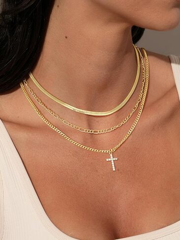 قلادة متقاطعة ذات طبقات للنساء ، الذهب الذهب الذهب 14 كيلو بايت/الجنيه الاسترليني مطلي بالزركونيا الزركوني المكعب الصليب الصليب البسيط سلسلة فيجارو كوبية بسيطة قلادة الأفعى هدية المجوهرات للنساء العصرية in Kuwait