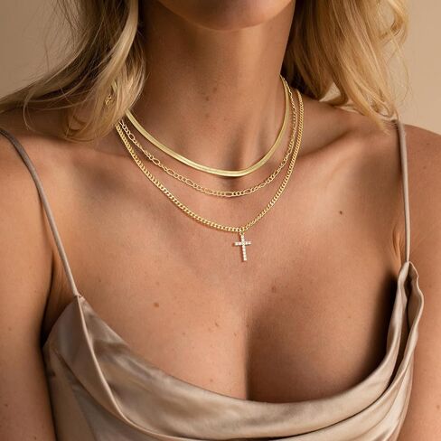 قلادة متقاطعة ذات طبقات للنساء ، الذهب الذهب الذهب 14 كيلو بايت/الجنيه الاسترليني مطلي بالزركونيا الزركوني المكعب الصليب الصليب البسيط سلسلة فيجارو كوبية بسيطة قلادة الأفعى هدية المجوهرات للنساء العصرية in Kuwait