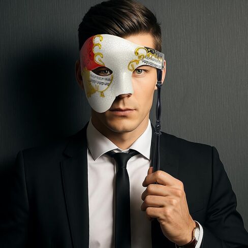 Thmyo Half Half Face Men Men's Phantom of the Opera Vintage Vinetian Carnival Masquerade Mask with Holding Stick in Kuwait