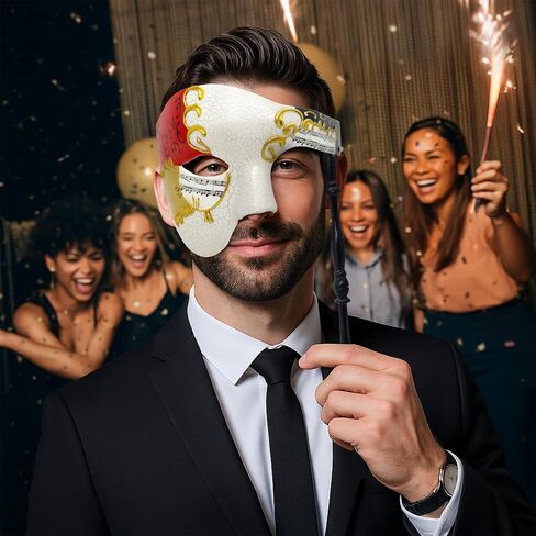 Thmyo Half Half Face Men Men's Phantom of the Opera Vintage Vinetian Carnival Masquerade Mask with Holding Stick in Kuwait