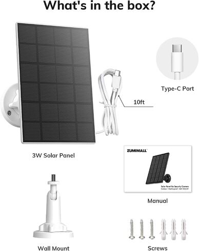ZUMIMALL 3W Solar Panel for Security Camera Wireless Outdoor, IP66 Waterproof Solar Panel with 10ft Type C Cable, Suitable for All Security Camera (Type C Port) in Saudi Arabia