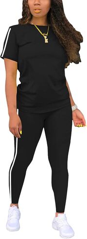 Women's 2 Piece Outfits Sweatsuit Summer Workout Striped Short Sleeve Long Sweatpants Casual Jogging Lounge Set in Saudi Arabia